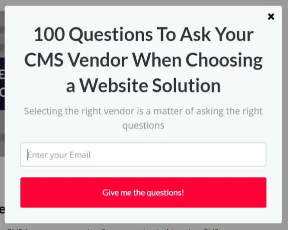 Popup for CMS vendor questions with email signup and red button.