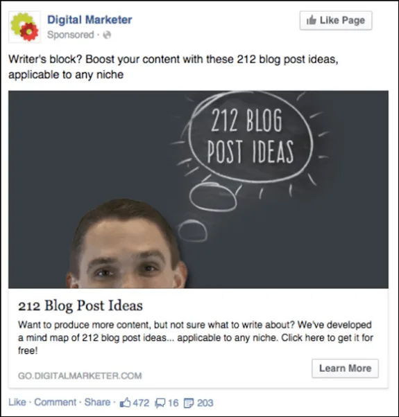 Facebook ad for 212 blog post ideas by Digital Marketer with head and chalkboard.