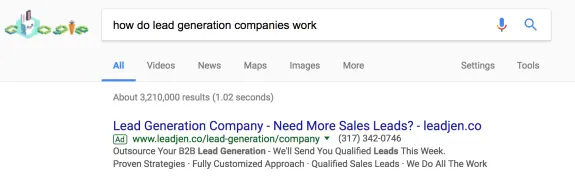 Search results page displaying an ad for a lead generation company with contact details.
