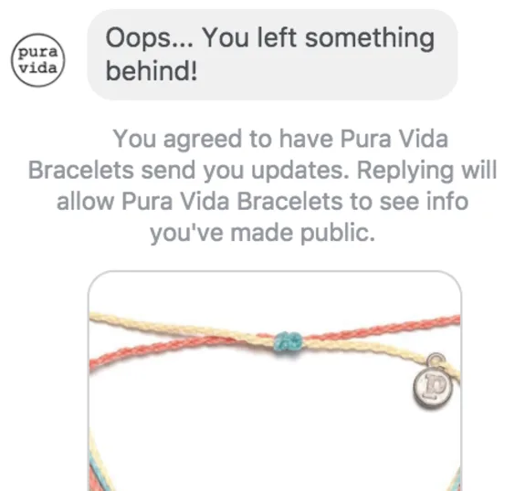 Pura Vida Bracelets notification about leaving something behind with bracelet image.