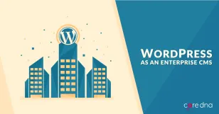 Illustration of WordPress as an enterprise CMS with buildings and logo