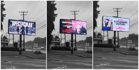 Three billboards displaying War for the Planet of the Apes movie advertisements on a roadside.