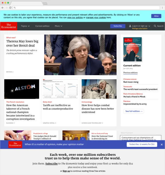 The Economist homepage featuring news on Brexit deal defeat and other articles, January 2019.