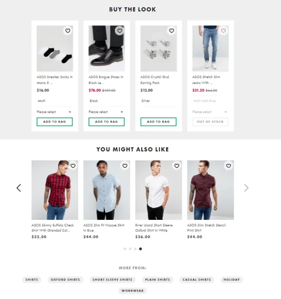 ASOS product suggestion page with socks, shoes, earrings, and jeans.