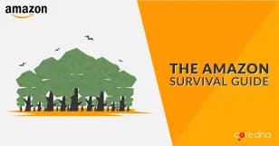 Illustration of Amazon forest with text 'The Amazon Survival Guide' on orange background.