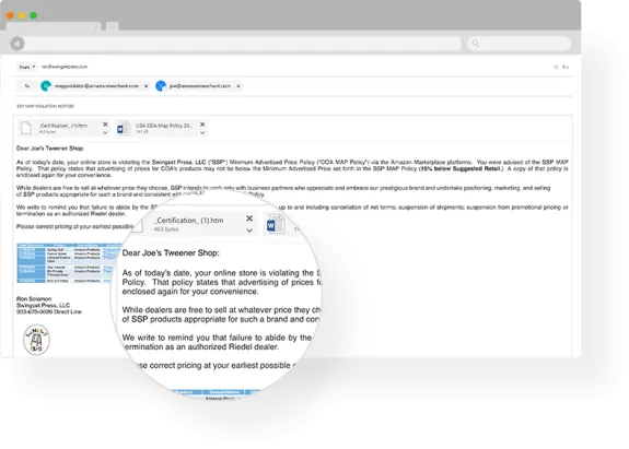 Email showing MAP policy violation notice with zoomed document view.