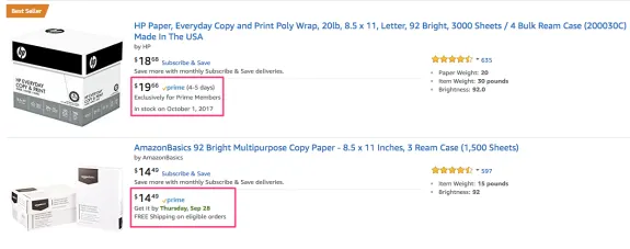Comparison of HP and AmazonBasics copy paper on Amazon with prices and features.