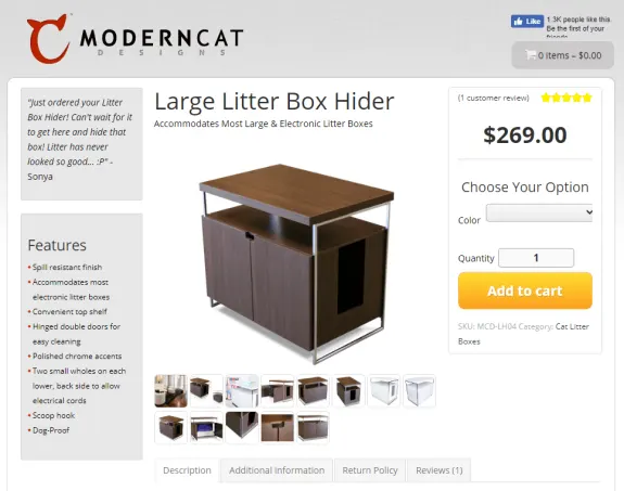 Moderncat Designs large litter box hider in wood finish with chrome accents