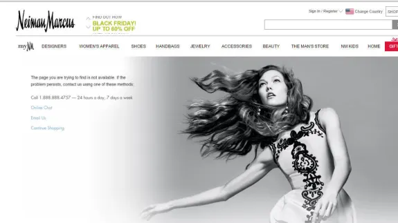 Neiman Marcus error page with Black Friday sale and contact options.