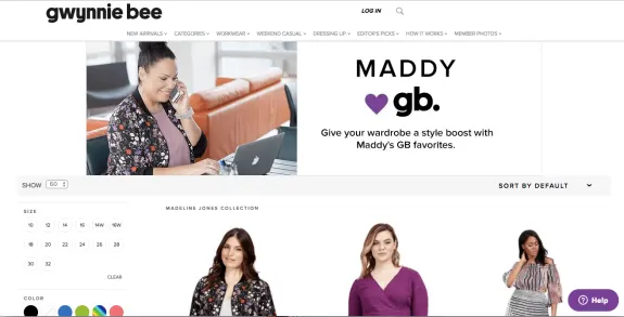 Gwynnie Bee website featuring Maddy GB fashion collection and style boost promotion.