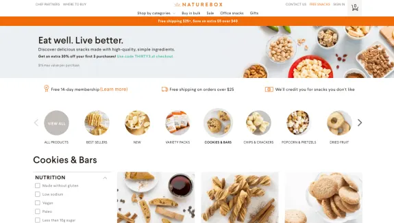 NatureBox online store page showcasing snack categories and promotions.