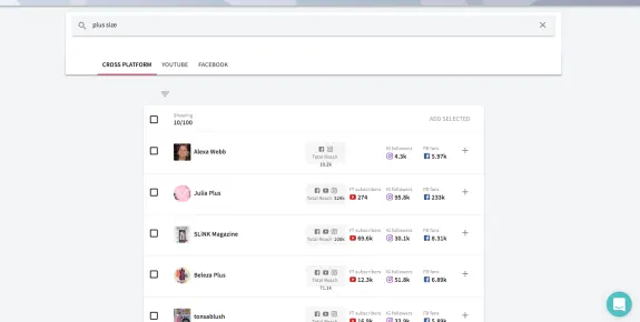 Social media influencer search results for 'plus size' with reach and followers data.