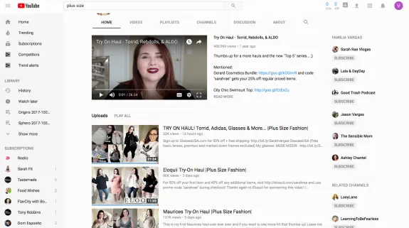YouTube video page showing a plus size fashion channel with video thumbnails and subscriptions.