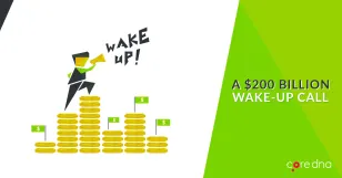 Illustration of person with megaphone on dollar stacks, text 'Wake Up' and '$200 billion wake-up call'