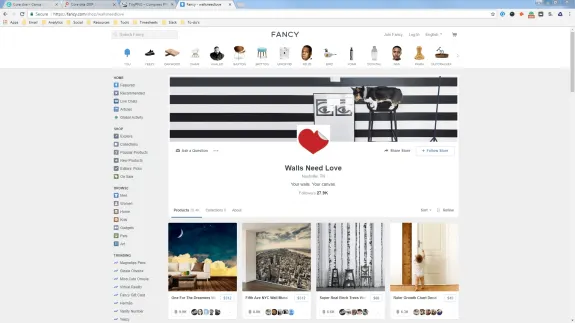 Screenshot of Fancy website showing Walls Need Love shop page with products and followers.