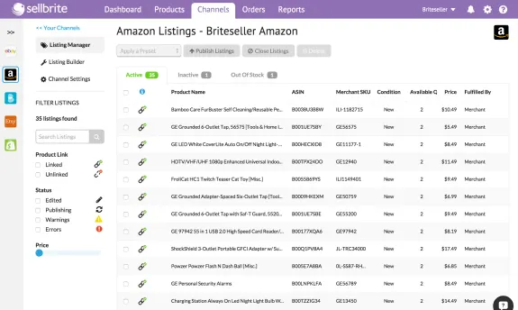 Sellbrite dashboard showing active Amazon product listings and details.