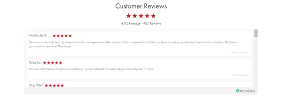 Customer reviews showing five-star ratings and positive feedback.