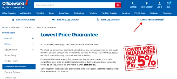 Officeworks lowest price guarantee policy page with 5 percent beat offer.