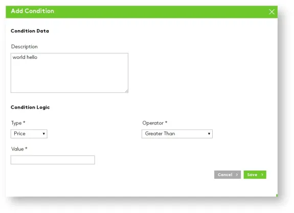 Add condition window with fields for description, type, operator, and value.