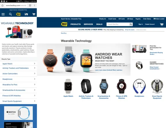 Best Buy wearable technology page showcasing smartwatches and accessories.
