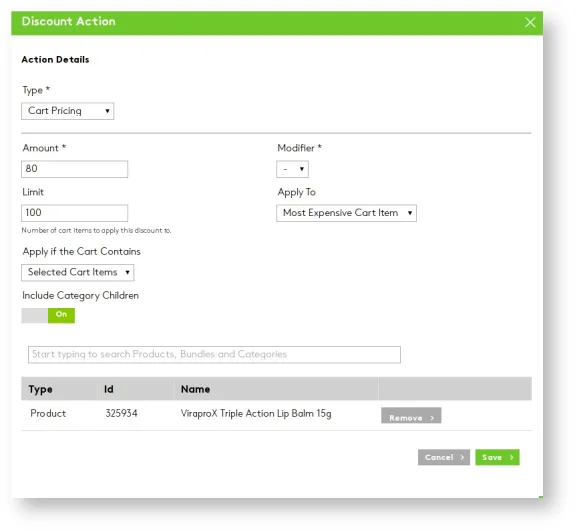 Discount action setup interface with cart pricing options and product details.