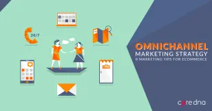 Graphic of omnichannel marketing strategy with ecommerce tips and illustrations.