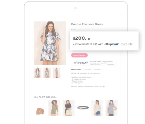 Tablet screen showing dress purchase with Afterpay option.