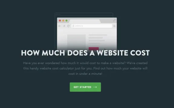 Website cost calculator promotion with browser graphic and Get Started button.