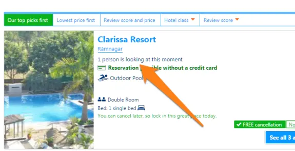 Clarissa Resort online booking page with pool view in Ramnagar.