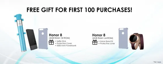 Free gift promotion for Honor 8 with accessories for first 100 purchases.