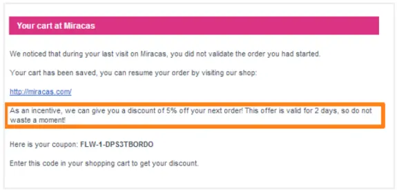 Email from Miracas offering 5 percent discount on next order with coupon code.