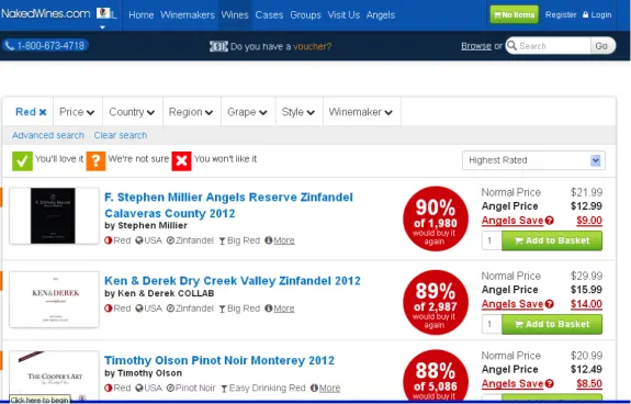 Screenshot of wine selection page on Naked Wines with various discounts and options.
