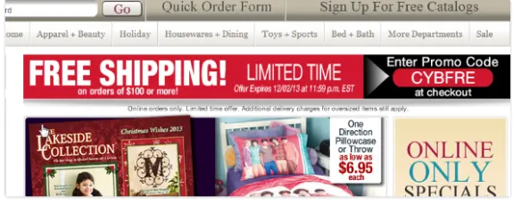 Online shopping banner with free shipping promo and catalog offer.