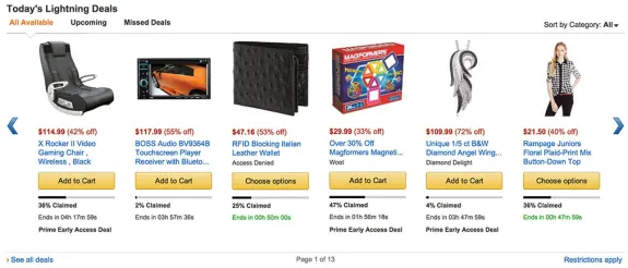 Online shopping page showing multiple lightning deals on various products.