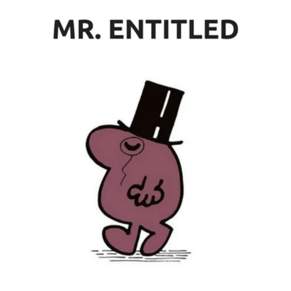 Cartoon character Mr. Entitled wearing a top hat and walking.