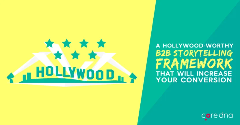 Hollywood-themed B2B storytelling framework for increasing conversion, on yellow and teal background.