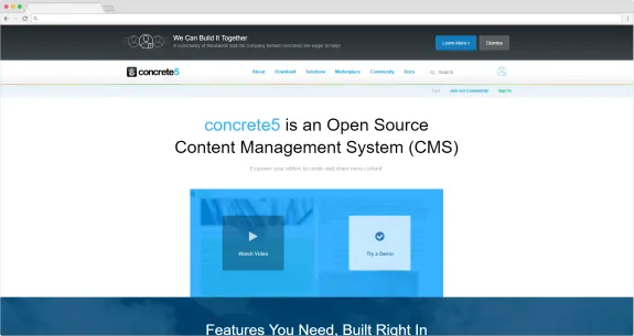 Homepage of Concrete5 open source CMS with navigation menu and demo options
