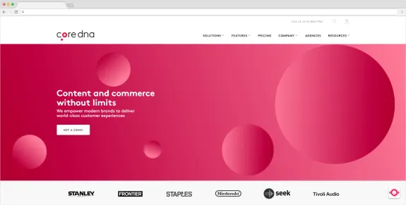 Coredna homepage with pink background and content and commerce message.