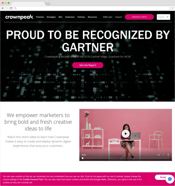 Crownpeak website banner highlighting Gartner recognition with digital background.