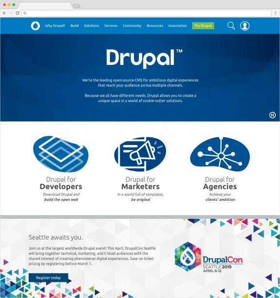 Drupal homepage featuring sections for developers, marketers, and agencies.
