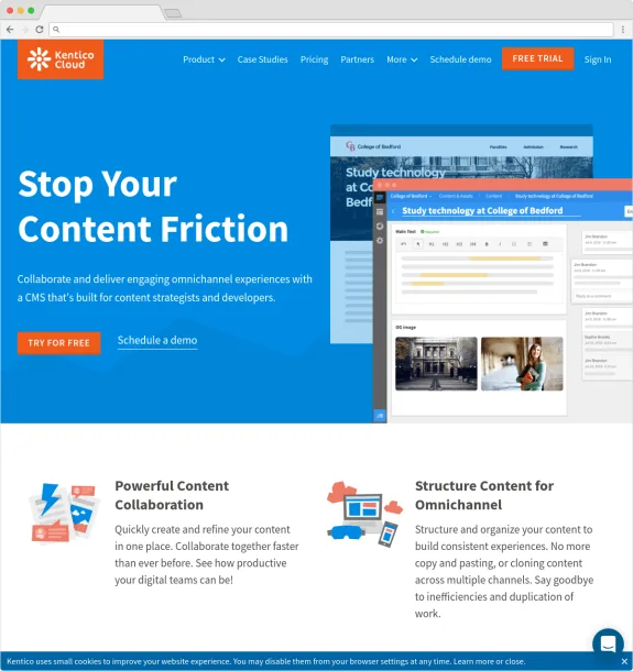 Kentico Cloud CMS homepage promoting content collaboration and omnichannel experiences.