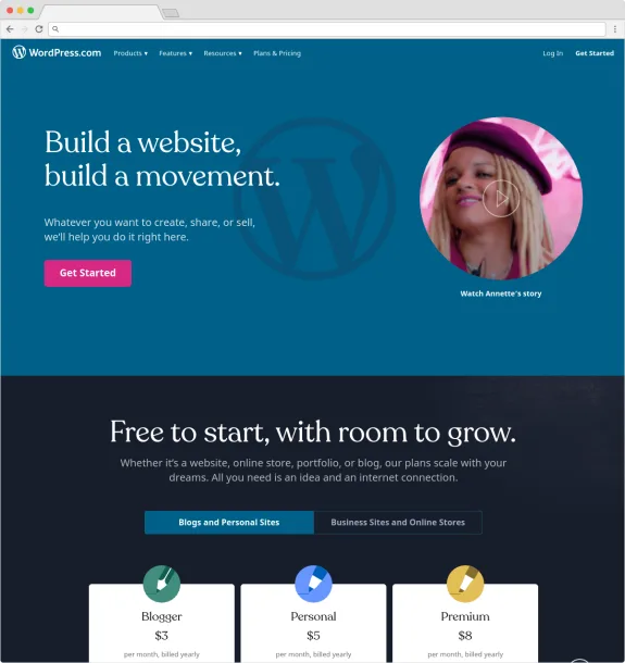 WordPress homepage featuring web design promotion with video story option.