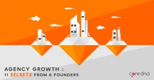 Illustration of agency growth secrets by founders with an orange background and geometric buildings.