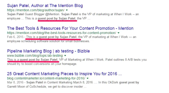 Search results highlighting guest posts by Sujan Patel on various blogs
