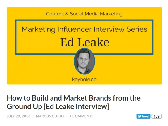 Marketing influencer interview series with Ed Leake on yellow background.