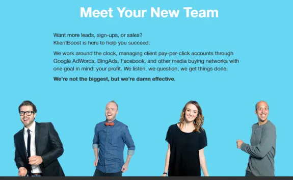Four people standing against a blue background with business text about team success.