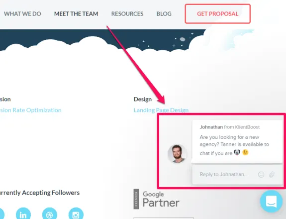 Website with chat popup and landing page design CTA highlighted.