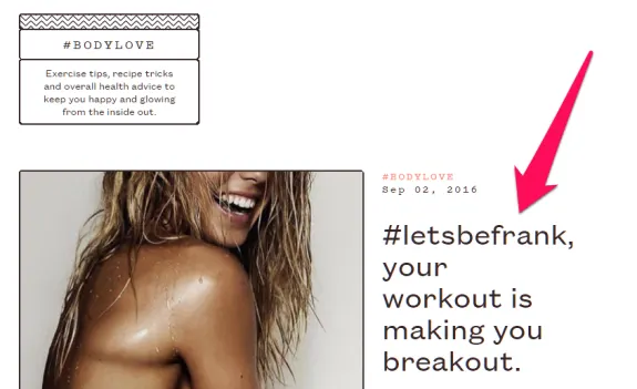 Bodylove section with exercise tips and health advice, featuring a woman smiling with wet hair.