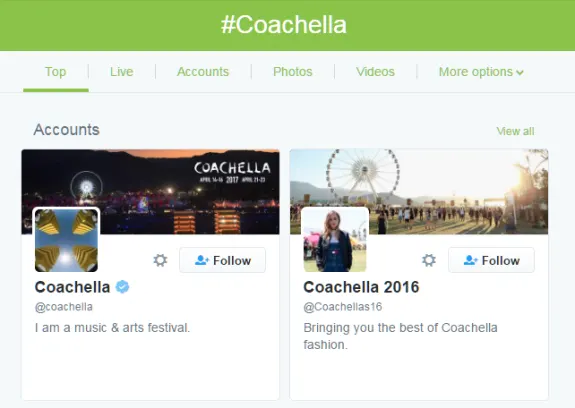 Screenshot of Coachella Twitter accounts with festival images and hashtags.