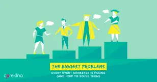 Illustration of event marketing challenges and solutions with four people and speech bubbles.